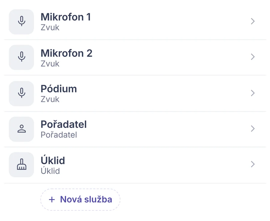 Výstřižek: služby na shromáždění – mikrofony, pódium, pořadatel a úklid.