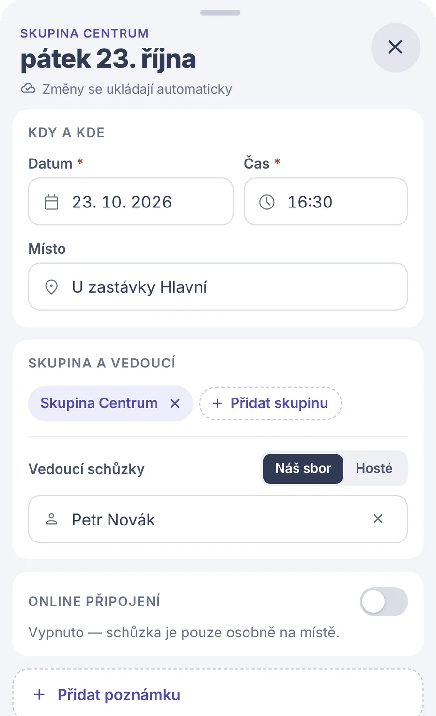 Výstřižek: detail schůzky – datum, čas, místo, skupina a vedoucí.