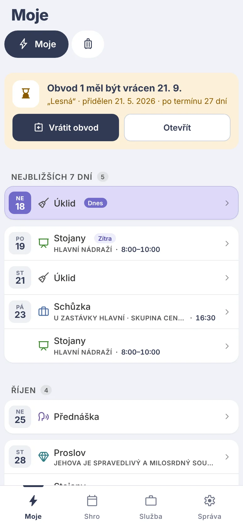 Aplikace v telefonu: obrazovka Moje s nejbližšími úkoly.