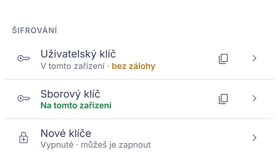 Výstřižek: šifrování – uživatelský a sborový klíč.