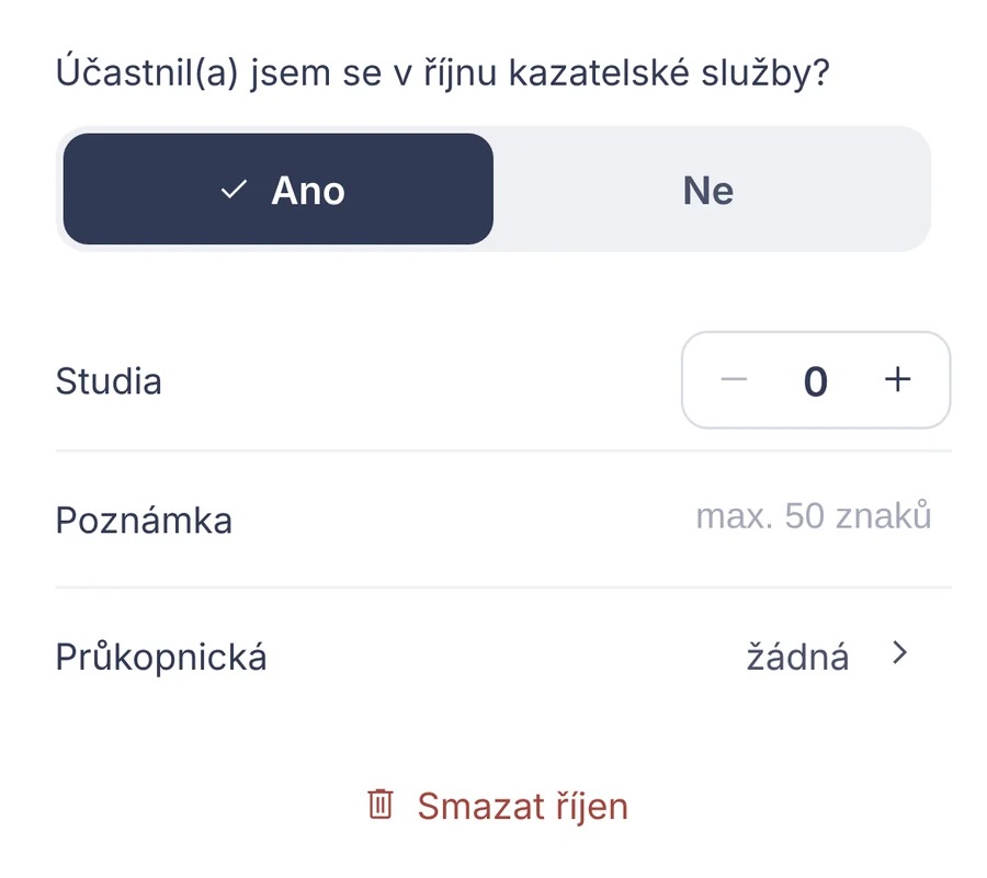 Výstřižek: měsíční zpráva – účast ve službě a počet studií.