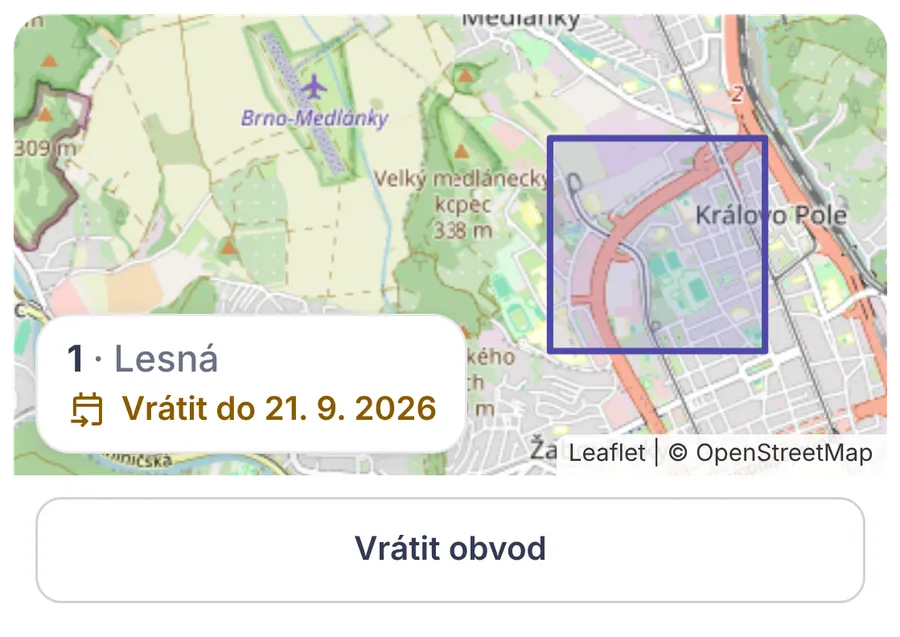 Výstřižek: můj obvod na mapě s termínem vrácení.