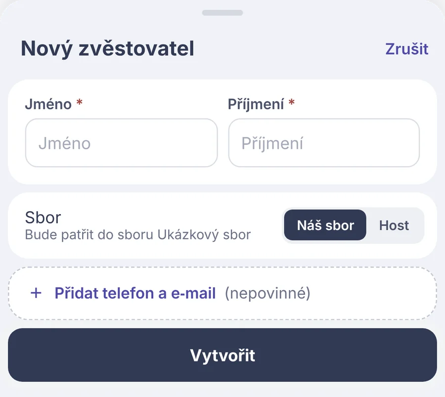 Výstřižek: formulář Nový zvěstovatel se jménem a příjmením.