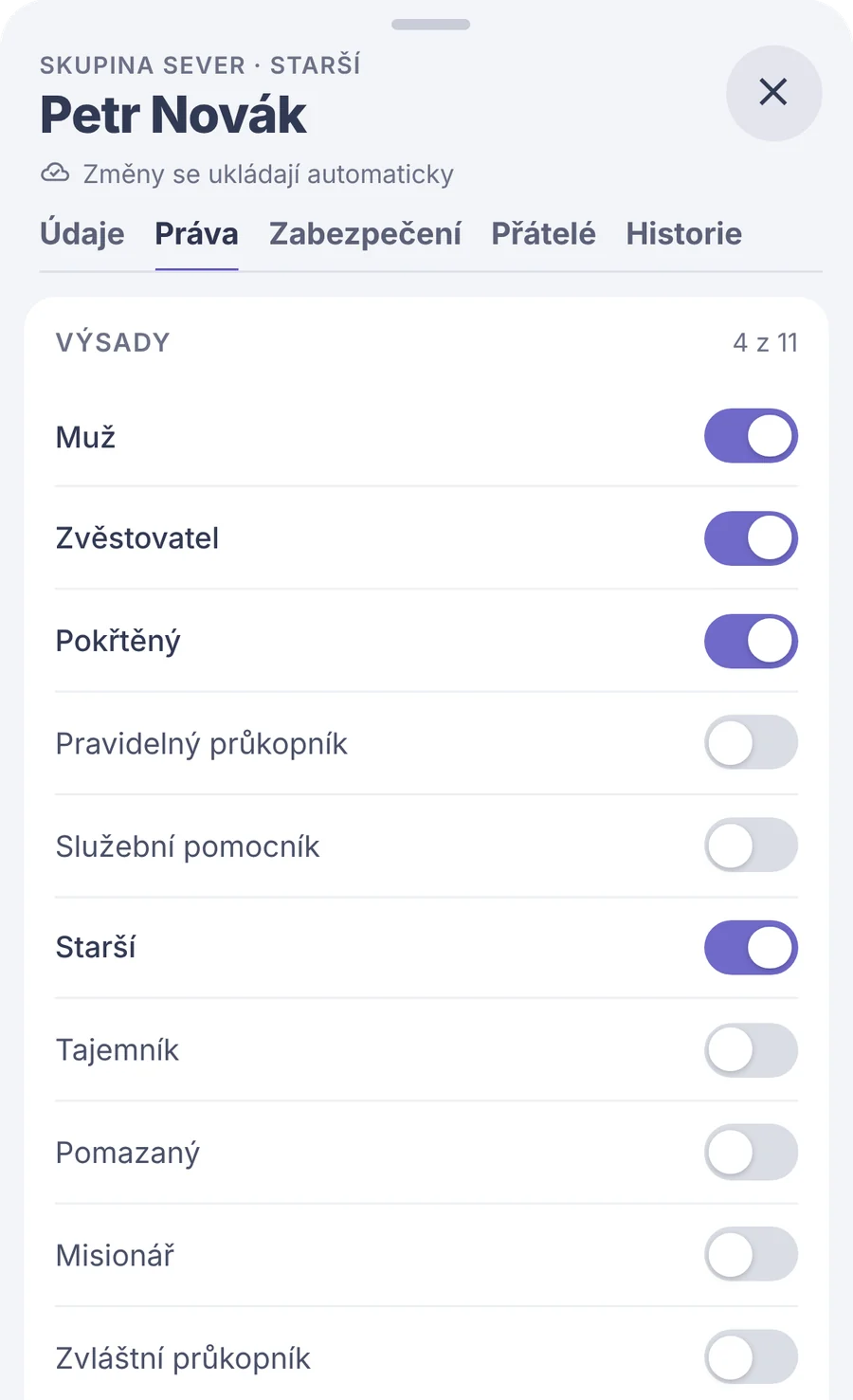 Výstřižek: výsady zvěstovatele jako přepínače – muž, zvěstovatel, pokřtěný, starší a další.